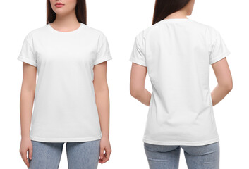 Wall Mural - Woman wearing casual t-shirt on white background, closeup. Collage with back and front view photos. Mockup for design