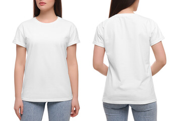 woman wearing casual t-shirt on white background, closeup. collage with back and front view photos. 