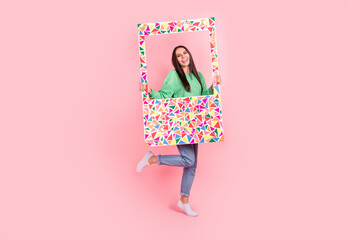 Sticker - Full length photo of cheerful lovely pretty lady wear bright hold paper big frame avatar profile isolated on pink color background