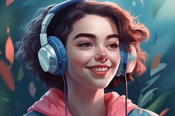 Wall Mural - Cute smiling young hipster woman in headphones, curly short hairstyle. Stylish happy teenager with freckles enjoying music. Portrait illustration Generative AI