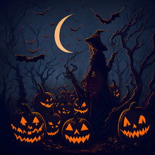 Halloween Illustration With Carved Pumpkins And Bats, In The Dark Woods, Digital Illustration, Created With Generative AI
