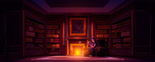 Young Woman Reading Book Near Fireplace In Library At Night. Vector Cartoon Illustration Of Smart Girl Enjoying Literature Hobby, Sitting Alone In Large Dark Room With Bookshelves. School Education