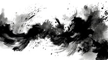 Chinese Ink Black And White Abstract Wallpaper. Simple Minimal Banner Of Brush Strokes. Artistic Japanese Painting. Tradition Zen Banner. Splash Of Paint. Card Paper With Dark Isolated Stains Texture