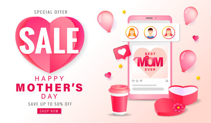 Wall Mural - Mothers day Sale up to 50 off web banner with paper heart and smartphone. Concept for Mother's Day promotion with heart gift box and insta icons. Vector illustration