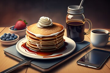 Wall Mural - Mobile phone pancake breakfast Generative AI