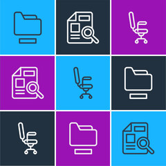 Poster - Set line Document folder, Office chair and with graph chart icon. Vector