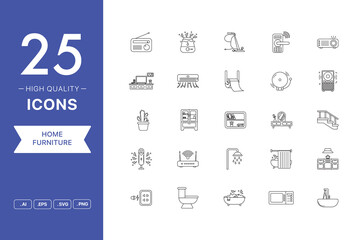 Vector set of Home Furniture icons. The collection comprises 25 vector icons for mobile applications and websites.