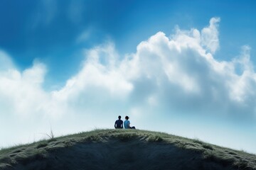 two people on a hill looking into the clouds, generative ai