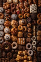 Wall Mural - Aerial view of delicious pastries and bakery goods, generative ai