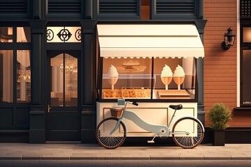 Wall Mural - Charming Ice-cream parlor  in a picturesque street with a delivery window, generative ai