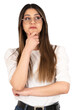 Minded woman, portrait of caucasian minded woman. Long haired lady looking up empty space, deep thinking touching chin wearing casual. Isolated white background, copy space. She found an idea.