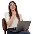 © Designerant - Thinking cheerful girl, portrait of young office worker businesswoman thinking cheerful girl.  Sitting on the chair, holding laptop looking away copy space. Touching her chin and smiling.