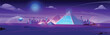 Night futuristic neon Egypt city with pyramid background. Dark cyber architecture in desert landscape with landmark. Illuminated purple ancient environment. Cairo dream cityscape with moon glow