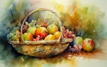 Basket Of Fruits. Watercolor Illustration. Generative AI Technology.