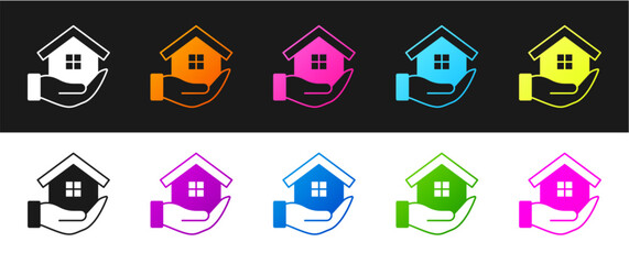 Sticker - Set House in hand icon isolated on black and white background. Insurance concept. Security, safety, protection, protect concept. Vector