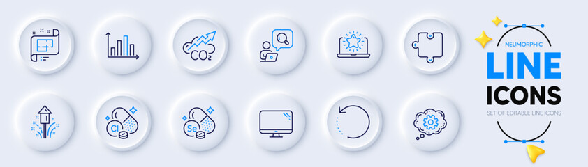 Chlorine mineral, Puzzle and Architectural plan line icons for web app. Pack of Fireworks, Co2, Inspect pictogram icons. Best laptop, Diagram graph, Computer signs. Cogwheel. Vector