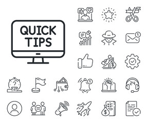 Poster - helpful tricks sign. salaryman, gender equality and alert bell outline icons. quick tips line icon. 