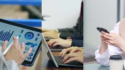 Poster - Collage movie of group of people using mobile devices concept. Transition from white background.