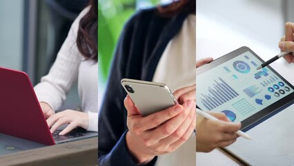 Aufkleber - Collage movie of group of people using mobile devices concept. Transition from white background.