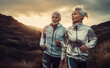 © Patrizia Tilly - sporty senior couple jogging on mountain. generative ai.