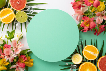 Wall Mural - Refreshing fruit time concept. Top view flat lay of alstroemeria flowers with slices of grapefruit, orange, and lime on white teal background with empty circle for text or advert