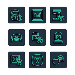 Wall Mural - Set line Smart electrical outlet, Wi-Fi wireless internet network, Voice assistant, coffee machine, Digital door lock, Robot vacuum cleaner, and Ringing alarm bell icon. Vector