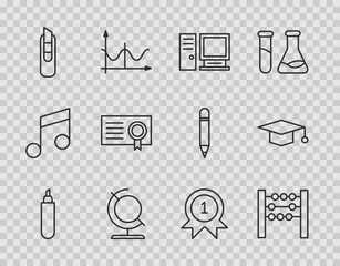 Sticker - Set line Marker pen, Abacus, Computer monitor, Earth globe, Stationery knife, Certificate template, Medal and Graduation cap icon. Vector