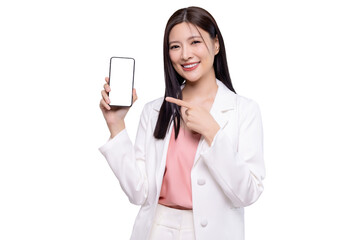 Wall Mural - Beautiful Asian business woman holding smartphone mockup with blank screen isolated on transparent background, PNG file format.