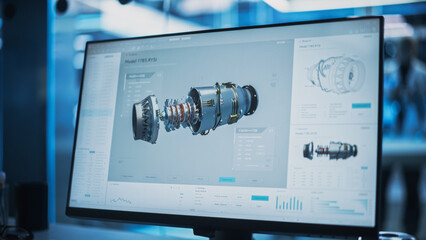 Wall Mural - Close Up of a Computer Monitor Display with 3D CAD Software with Prototype Turbine Motor Project. Interface with Vital Setting and Programming Options for the Industrial Engine Prototype.