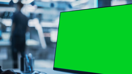 Aufkleber - Close Up of a Desktop Computer Monitor with Green Screen Mock Up Display Standing in Scientific Research Laboratory Facility.