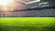 © Gorodenkoff - Establishing Shot of Empty Football Socer Stadium. International Tournament, Crowd of Fans Cheer on the Tribune. Beginning of Sports Final Game. Cinematic Shot of Crowded Arena.