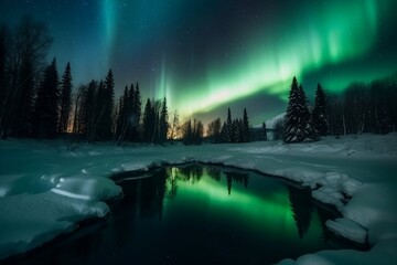 Wall Mural - landscape with northern lights over snowy forest