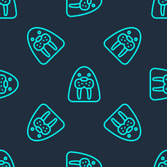 Sticker - Green line Walrus animal icon isolated seamless pattern on blue background. Vector