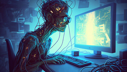 Poster - a person, seemingly made of wires and circuits, sitting at a computer, looking at the screen. The room is dark, with blue and green light emanating from the computer screen.