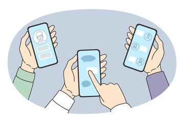 Hands of diverse people hold modern smartphones chat talk in messenger online. Friends communicate on internet on cellphone, use social media on gadget. Communication. Vector illustration.