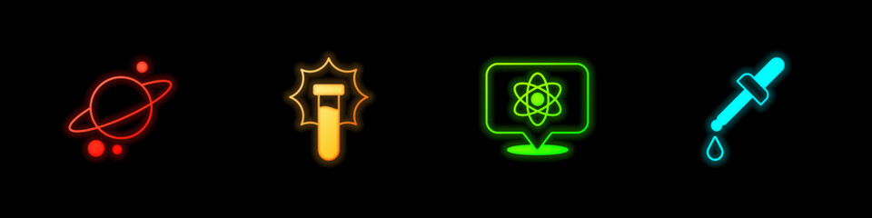 Poster - Set Planet Saturn, Explosion in the flask, Atom and Pipette icon. Vector