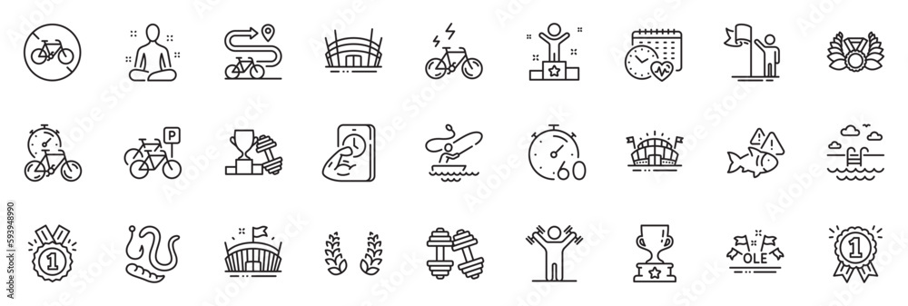 Icons pack as Dumbbells workout, Bike timer and Winner cup line icons ...