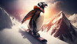 Pinguin Snowboarder in den Bergen KI