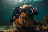 Photo of guinea pig scubadiving wearing mask. Animal influencer.