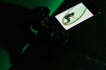 Poster - Smartphone and two game joysticks. Minimalism. Cybersport concept. Streaming.