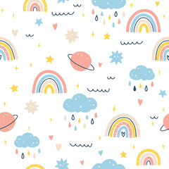 Sticker - Cartoon kids seamless pattern in simple hand drawn scandinavian style. Cute simple rainbow elements with rain, planets and stars in a colorful pastel clean palette. Vector illustration of a kennel.