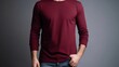 White man model wearing a plain burgundy long sleeve t-shirt, isolated on a blank background. Mock-up, torso only. Generative AI illustration.