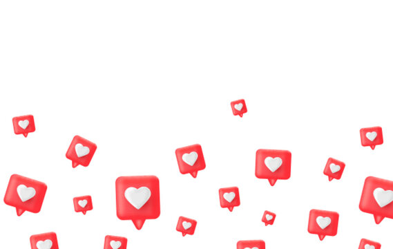 3d render red like icon banner. Social media bubble with heart. Comment button. Love element. Share tag. Emoji reaction. Notice people. Chat speech communicate. Notification label.Vector illustration