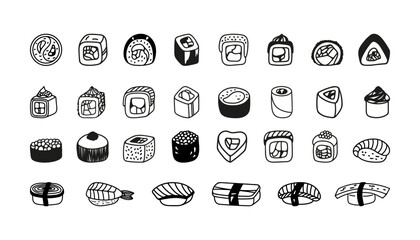 Wall Mural - Japanese sushi roll set in hand drawn doodle style. Asian food for restaurants menu