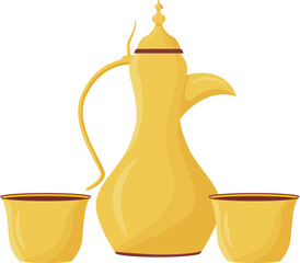 Poster - Dallah and cups semi flat color raster object. Full sized item on white. Hot beverage. Traditional oriental coffee pot simple cartoon style illustration for web graphic design and animation