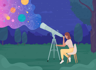 Poster - Young astronomer with telescope looking at celestial bodies flat color raster illustration. Science and hobby. 2D simple cartoon character with night sky on background
