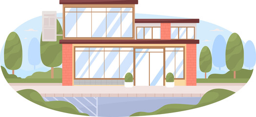 Poster - Supermarket building with glass facade 2D raster isolated illustration. Flat cityscape on cartoon background. Retail colourful scene for mobile, website, presentation. Bebas Neue font used