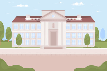 Poster - University building with classic columns flat color raster illustration. Vintage collage campus for students. 2D simple cartoon landscape with summer park on background