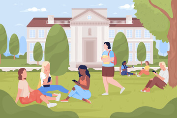 Aufkleber - Students resting in university park flat color raster illustration. City college yard. Education establishment. 2D simple cartoon characters with building on background