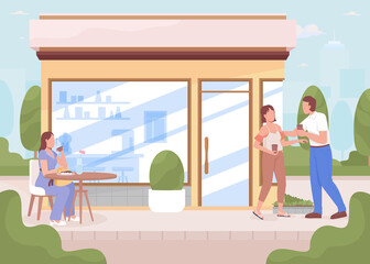 Poster - Coffee shop and guests in city garden flat color raster illustration. Small cafe building. 2D simple cartoon characters with cityscape on background. Recursive font used